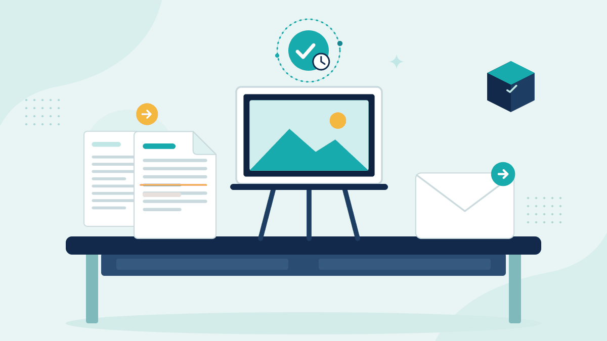 Flat illustration of two versions of a campaign brief, a campaign board on an easel and an email, with a timestamp badge