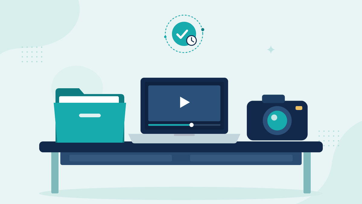 Flat illustration of a master file folder, a laptop playing a national campaign ad and a camera, with a timestamp badge