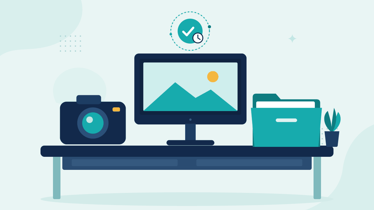 Flat illustration of a camera, a monitor showing an original campaign photo and an archive folder, with a timestamp badge