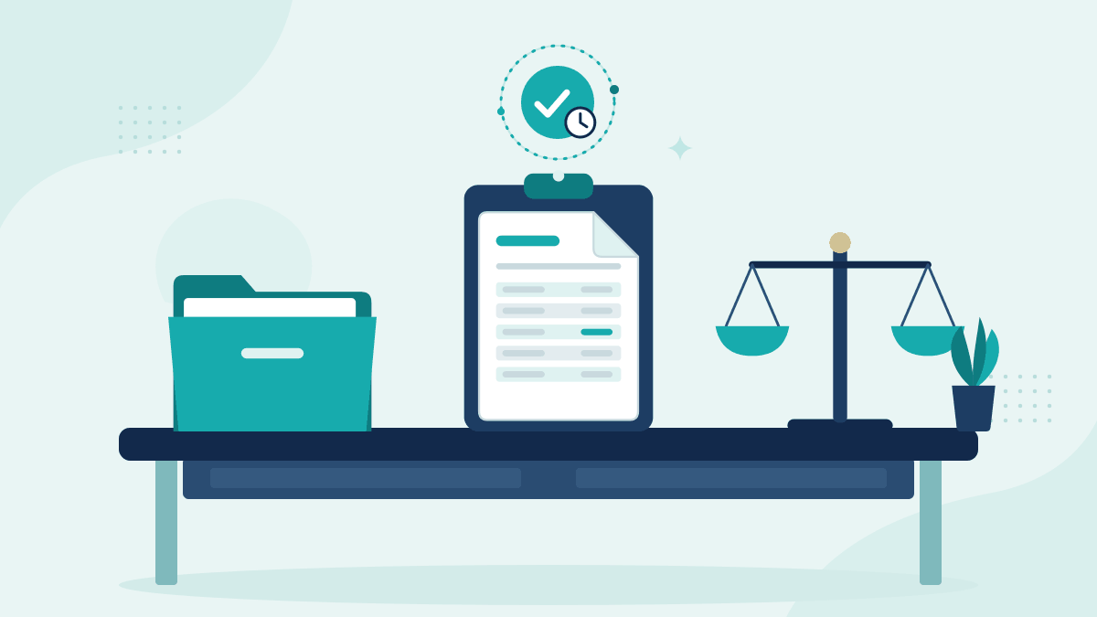 Flat illustration of a claim file folder, a claim form on a clipboard and scales of justice, with a teal timestamp badge
