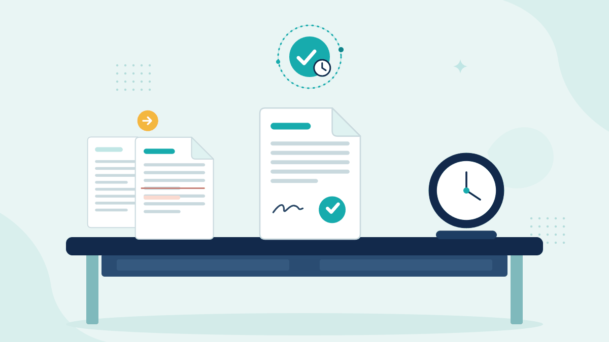 Flat illustration of two versions of a policy amendment, an insurance policy document and a desk clock