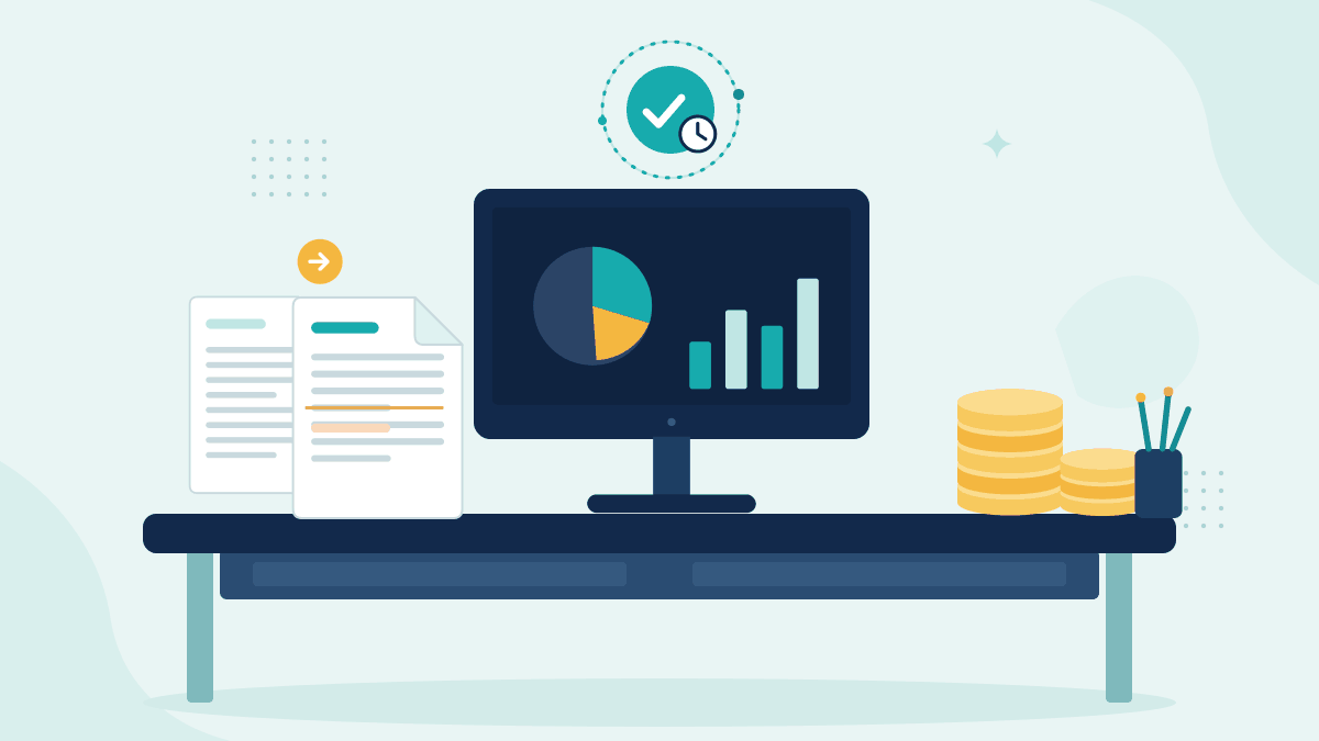 Flat illustration of two versions of a client instruction, a monitor showing fund allocation charts and stacks of coins