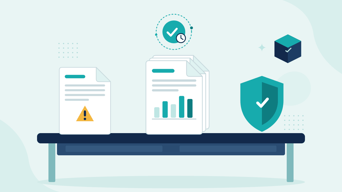 Flat illustration of a risk disclosure report, a stack of financial reports and a compliance shield
