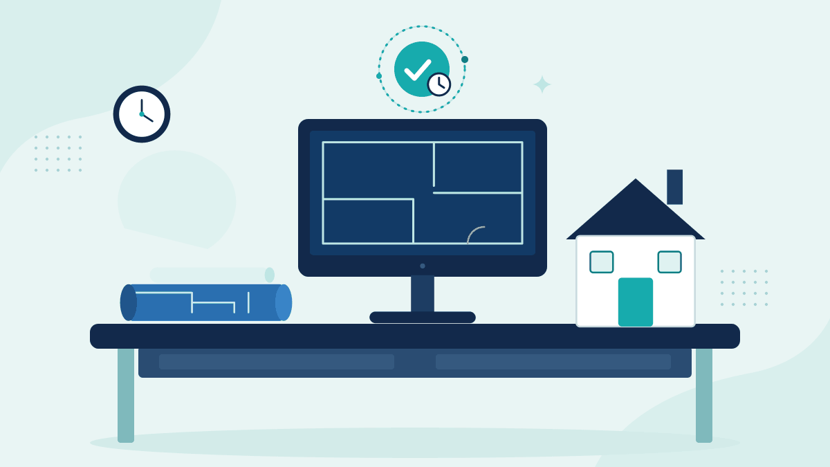 Flat illustration of rolled blueprints, a monitor showing an architectural floor plan and a house model