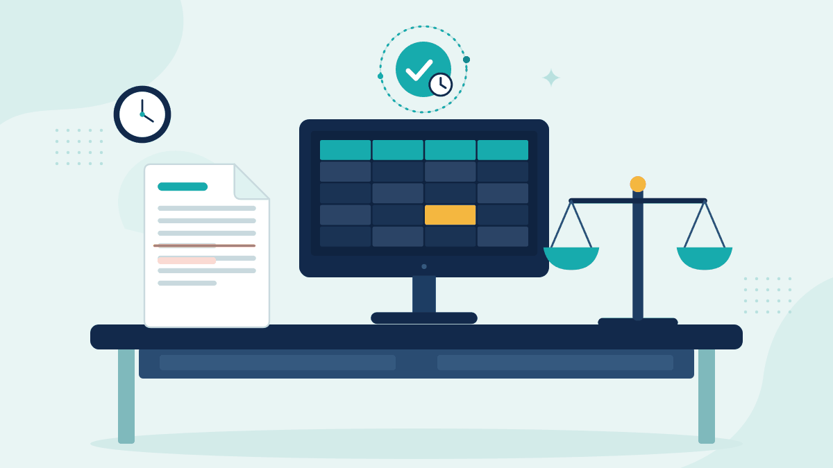 Flat illustration of a record with an altered line, a monitor showing audit spreadsheets and regulatory scales