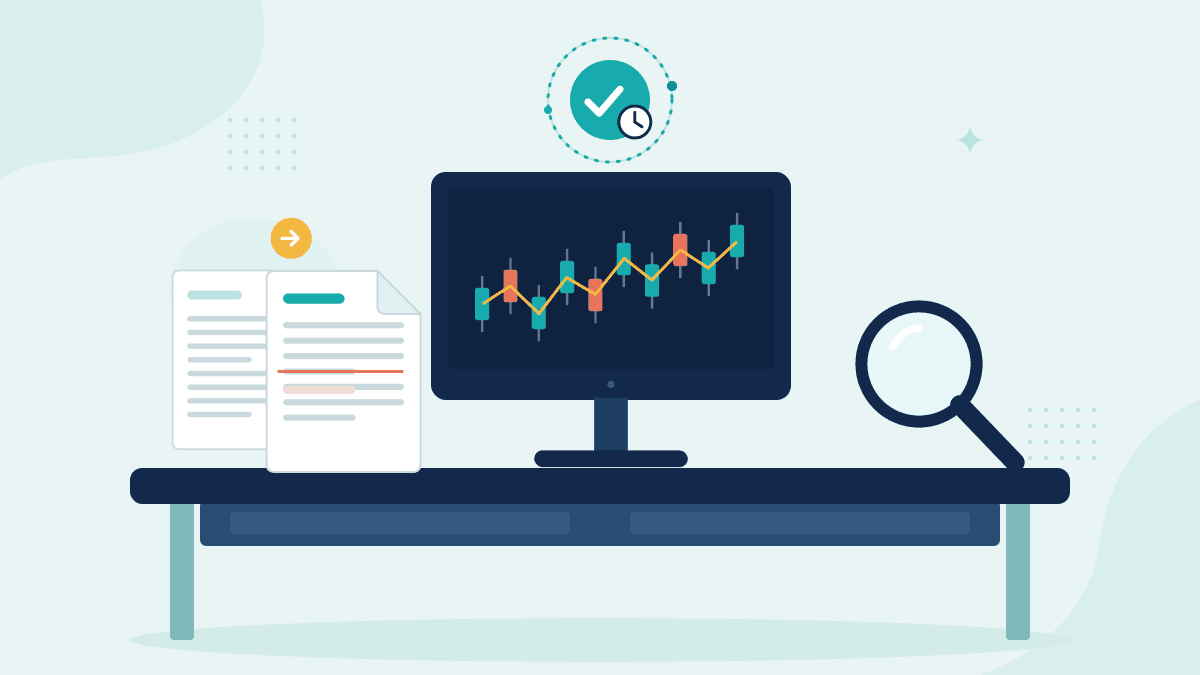 Flat illustration of two versions of a trade instruction, a trading screen with a candlestick chart and a magnifying glass