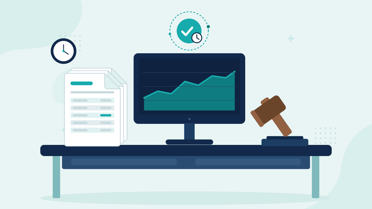 Flat illustration of a stack of trade confirmations, a monitor showing a market price chart and a gavel