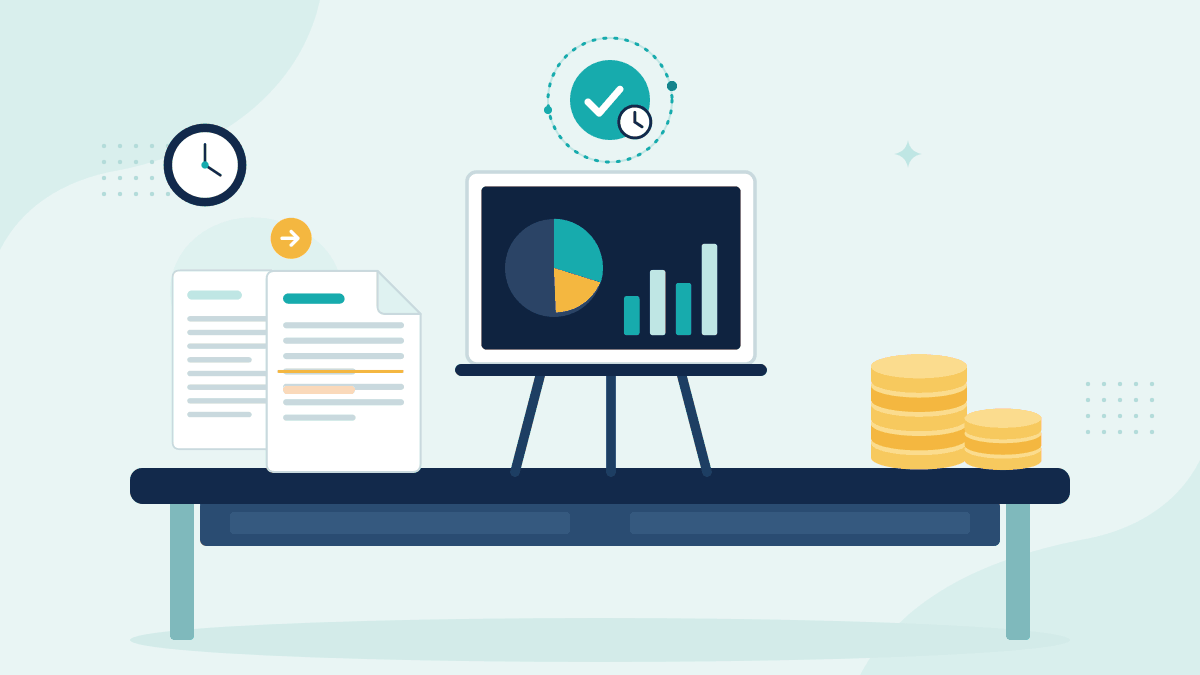 Flat illustration of two versions of a client instruction, a presentation board with portfolio charts and stacks of coins