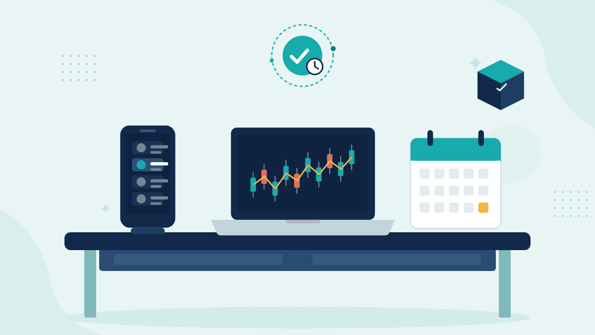 Flat illustration of a phone with a client order email, a laptop with a live trading chart and a calendar with the trade date