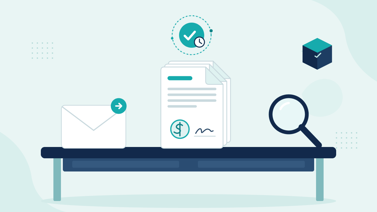 Flat illustration of an email with an amendment, a loan approval file and a magnifying glass, with a teal timestamp badge