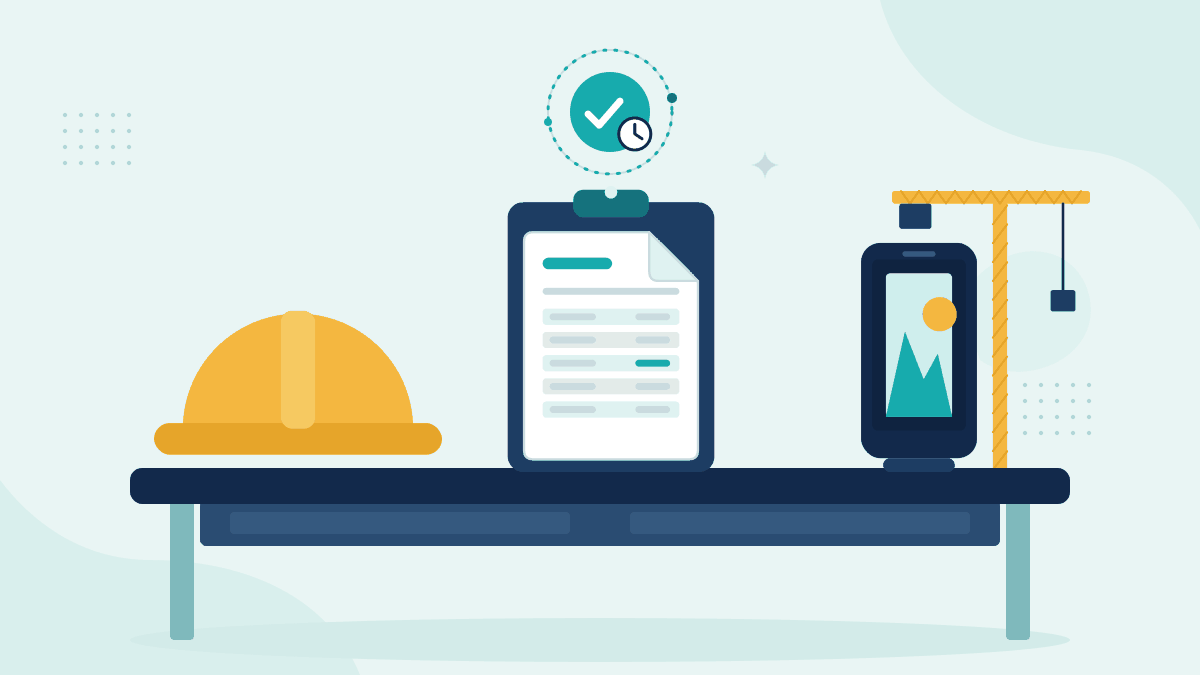 Flat illustration of a hard hat, a site diary on a clipboard and a phone with site photos, beside a tower crane