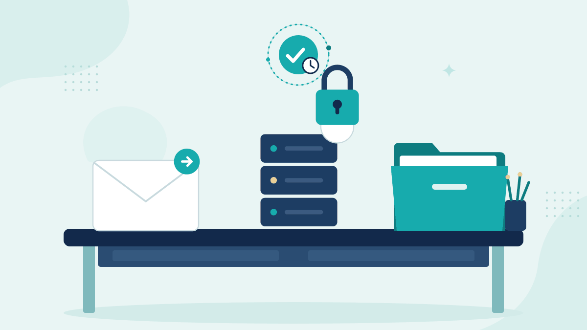 Flat illustration of a secure email, a locked file server and a document folder, with a teal timestamp badge