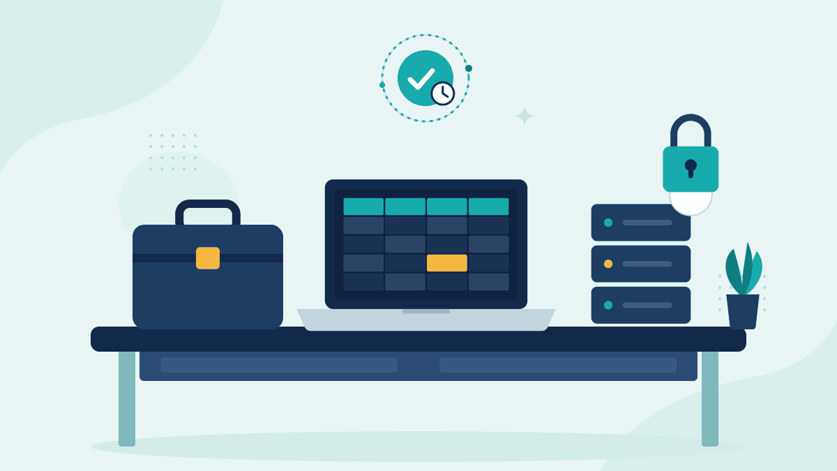 Flat illustration of a briefcase, a laptop showing a data room spreadsheet and a locked server, with a teal timestamp badge
