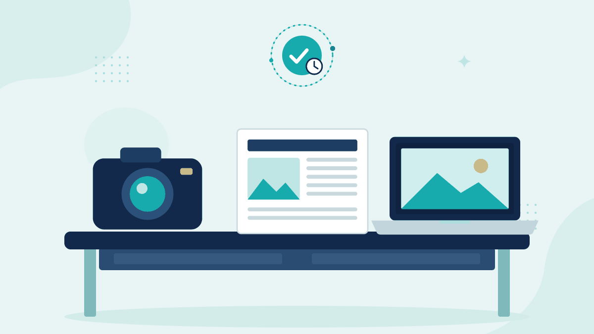 Flat illustration of a camera, a newspaper feature article and a laptop showing an original photo, with a timestamp badge