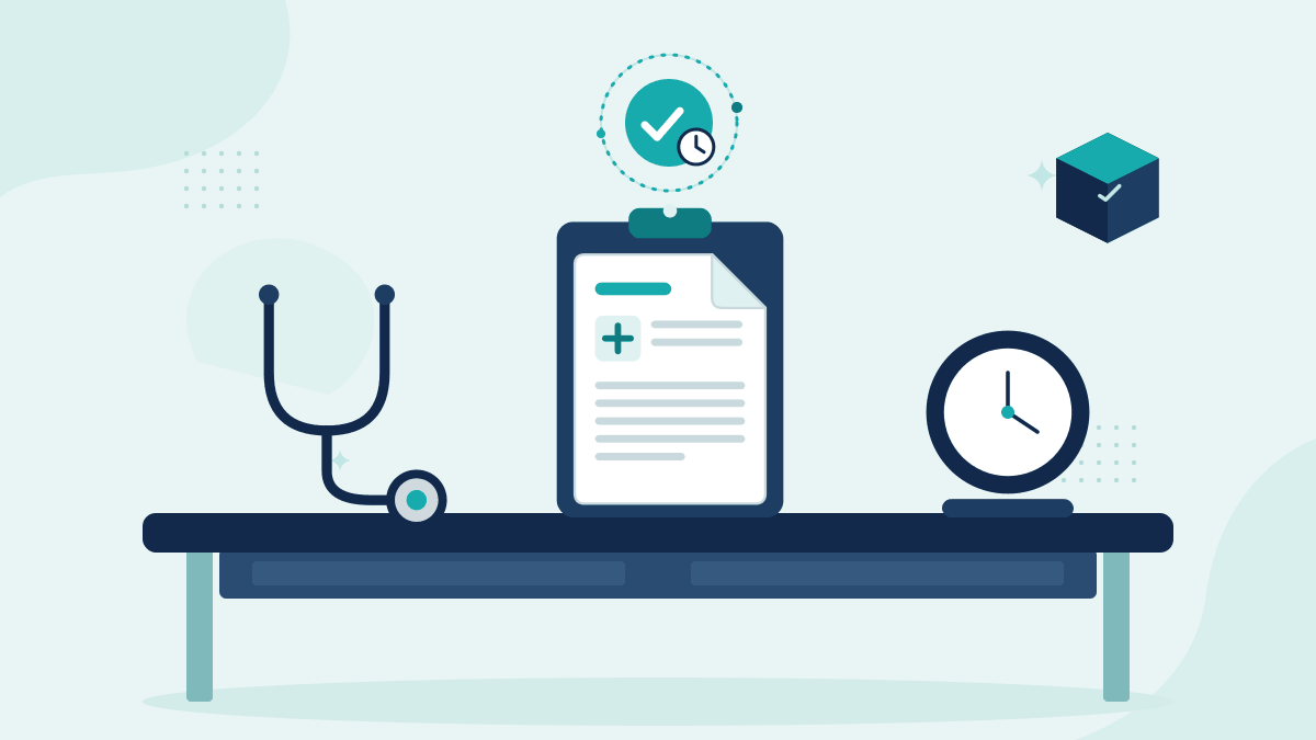 Flat illustration of a stethoscope, a clinical note on a clipboard and a desk clock, with a teal timestamp badge