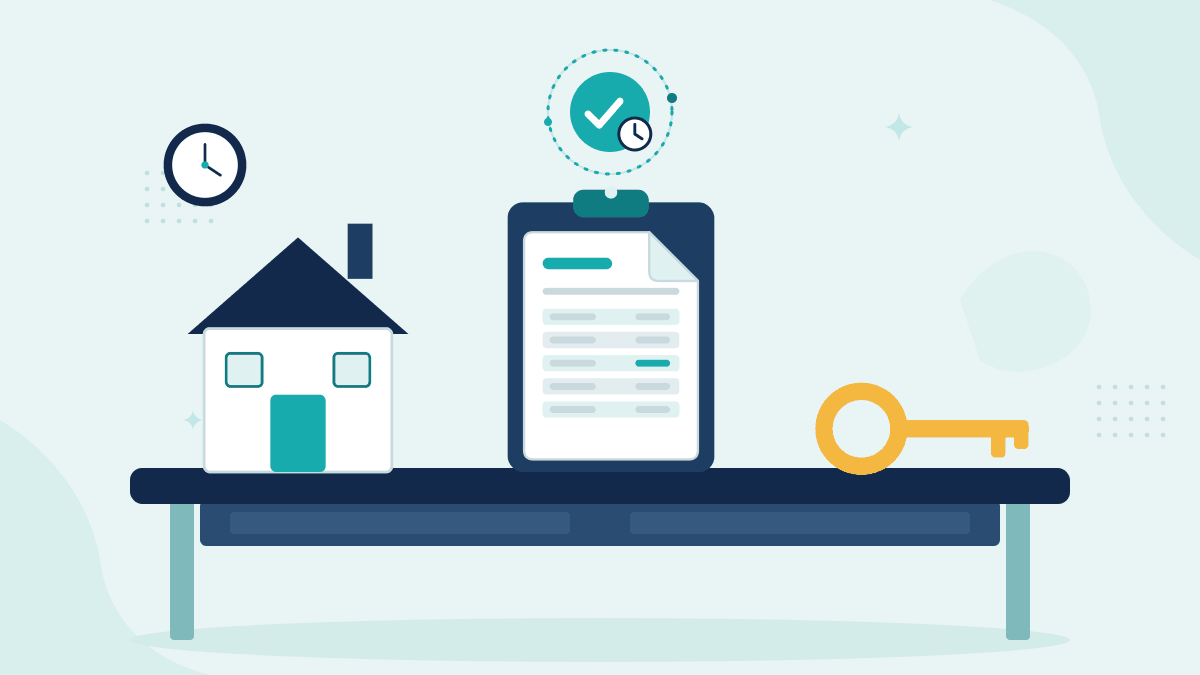 Flat illustration of a house model, a property condition report on a clipboard and a house key, with a teal timestamp badge