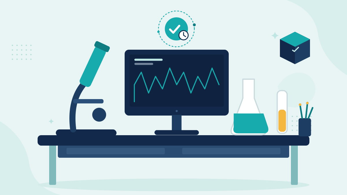 Illustration of a microscope, a monitor showing research data and lab flasks, with a blockchain block and timestamp badge