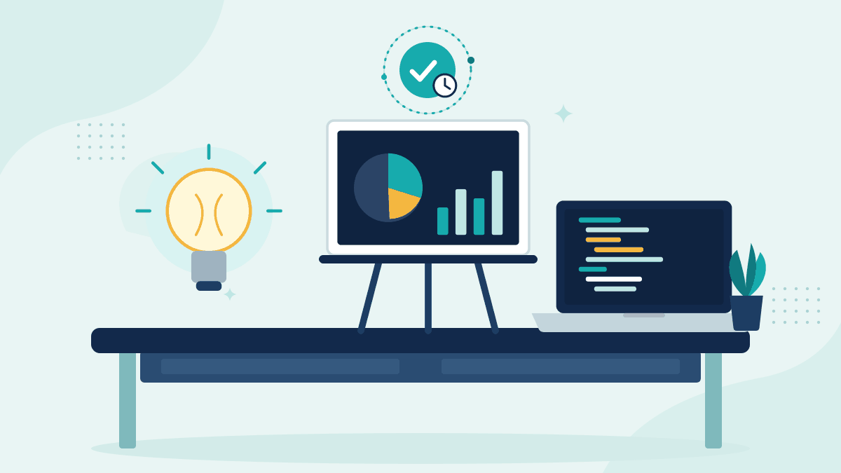 Flat illustration of a light bulb, a pitch deck on an easel and a laptop with source code, with a teal timestamp badge