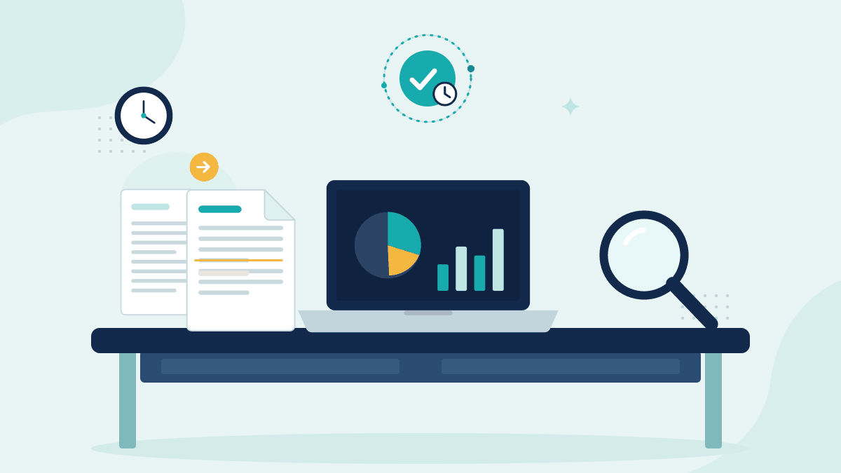 Flat illustration of two versions of a client instruction, a laptop with a portfolio dashboard and a magnifying glass