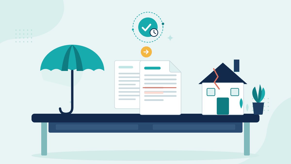 Flat illustration of an insurance umbrella, two versions of a claim document and a damaged house, with a timestamp badge