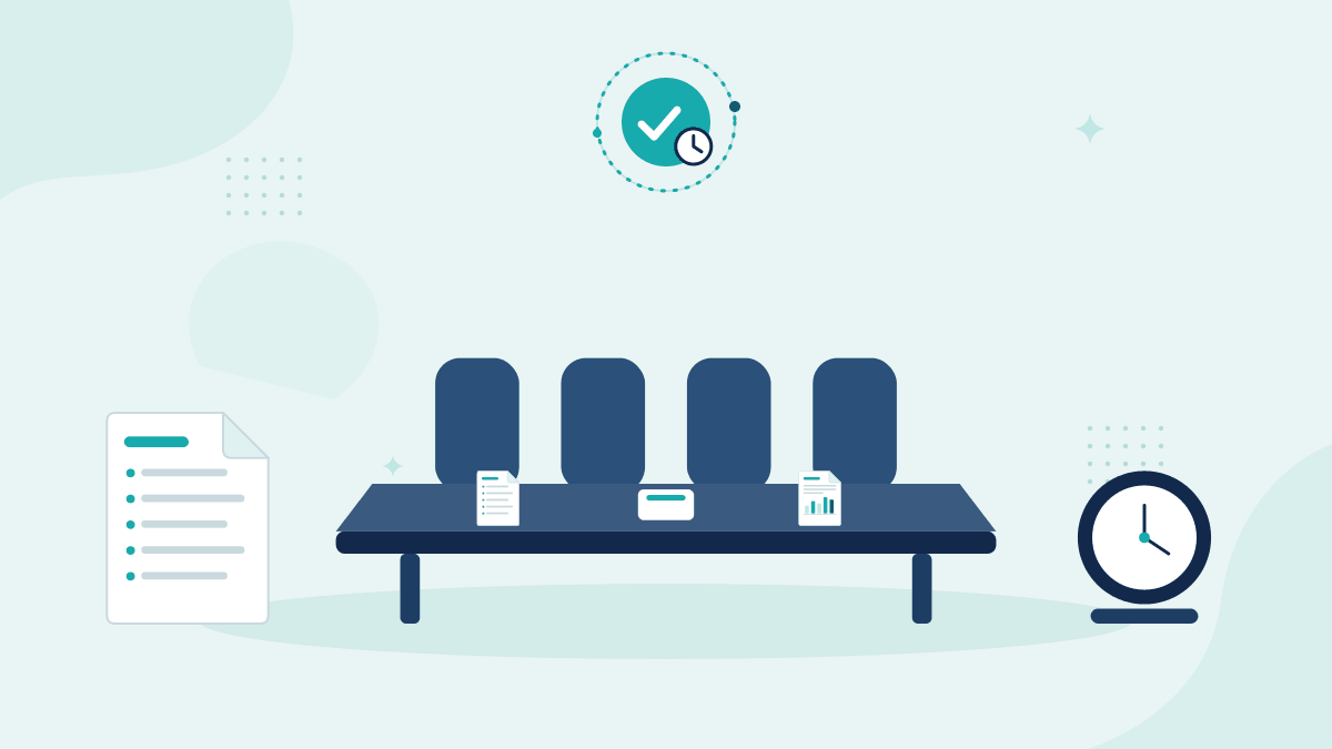 Flat illustration of board meeting minutes, a boardroom table with chairs and a desk clock, with a teal timestamp badge