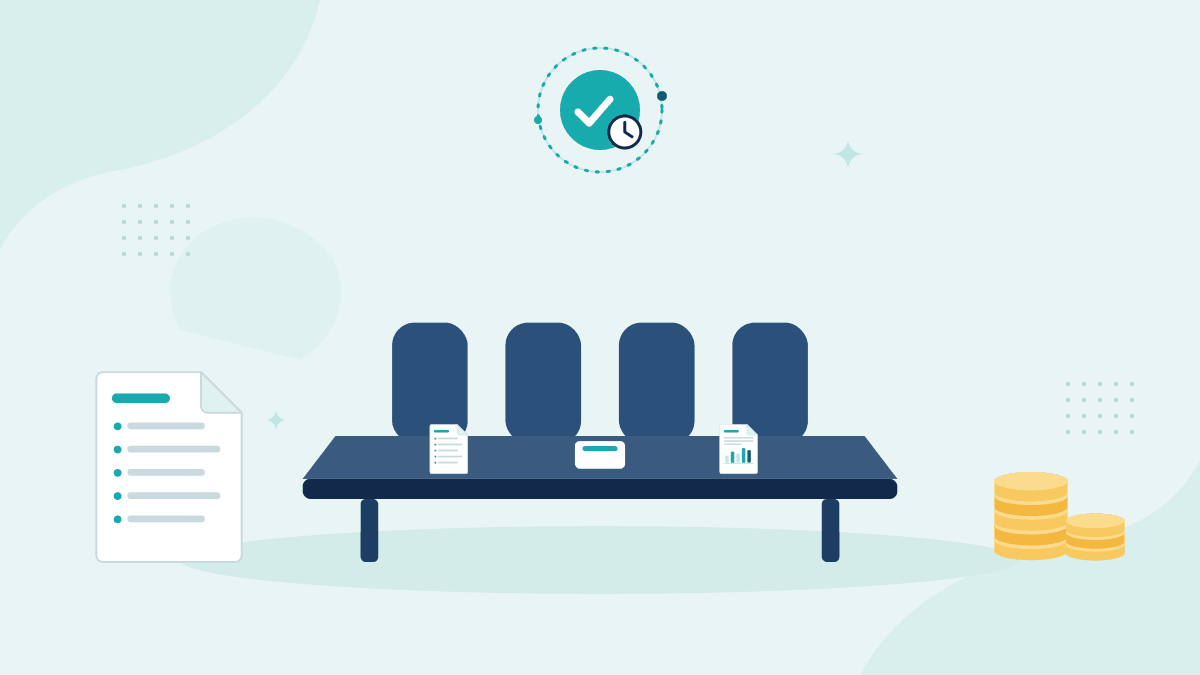 Flat illustration of board meeting minutes, a boardroom table with chairs and stacks of coins, with a teal timestamp badge