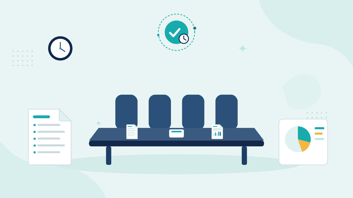 Flat illustration of board meeting minutes, a boardroom table with chairs and a capital allocation chart