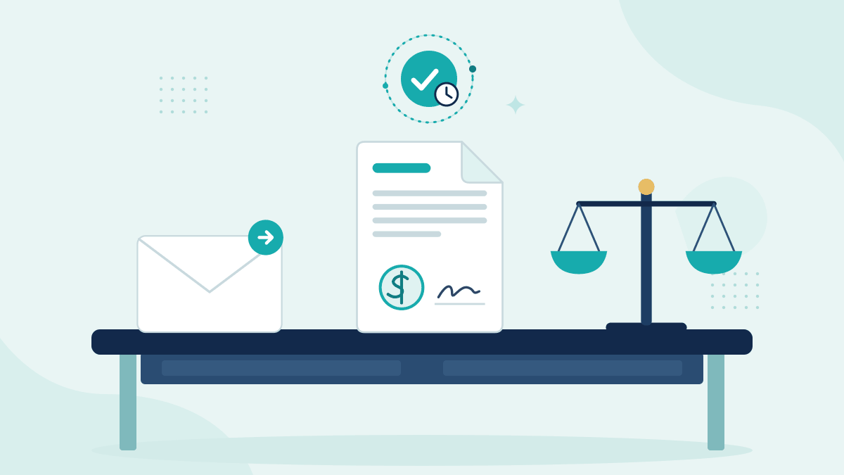 Flat illustration of an email with an amendment, a signed loan agreement and scales of justice, with a teal timestamp badge