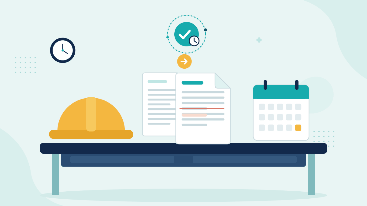 Flat illustration of a hard hat, two contract versions side by side and a calendar, with a teal timestamp badge