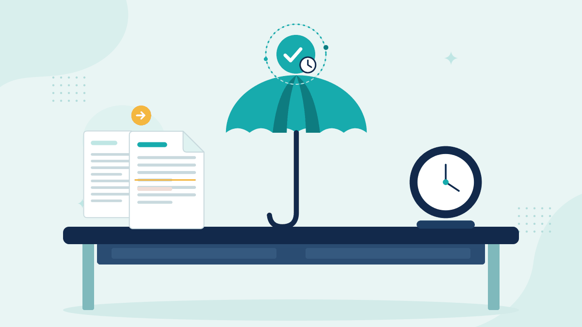 Flat illustration of two versions of a policy amendment, an insurance umbrella and a desk clock, with a teal timestamp badge
