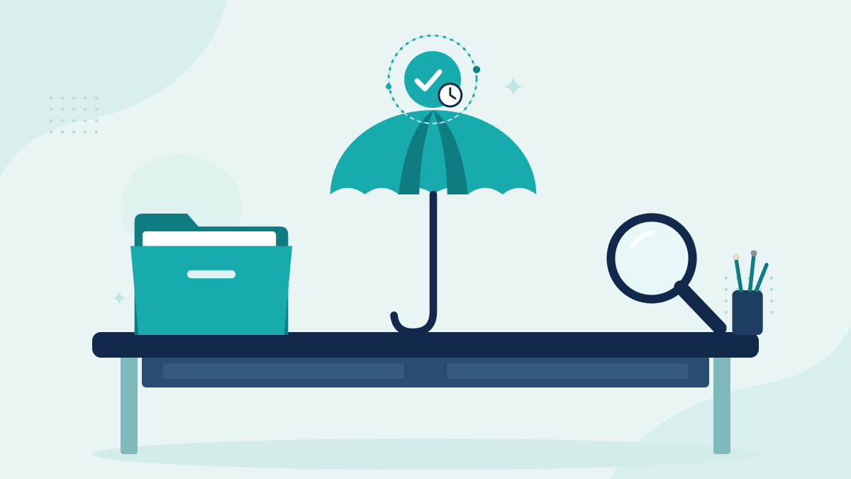 Flat illustration of a claim file folder, an insurance umbrella and a magnifying glass, with a teal timestamp badge