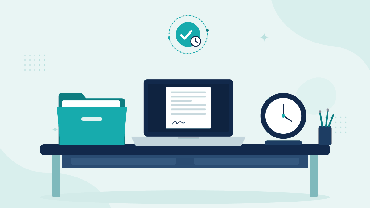 Flat illustration of a claim file folder, a laptop showing a policy endorsement and a desk clock, with a teal timestamp badge