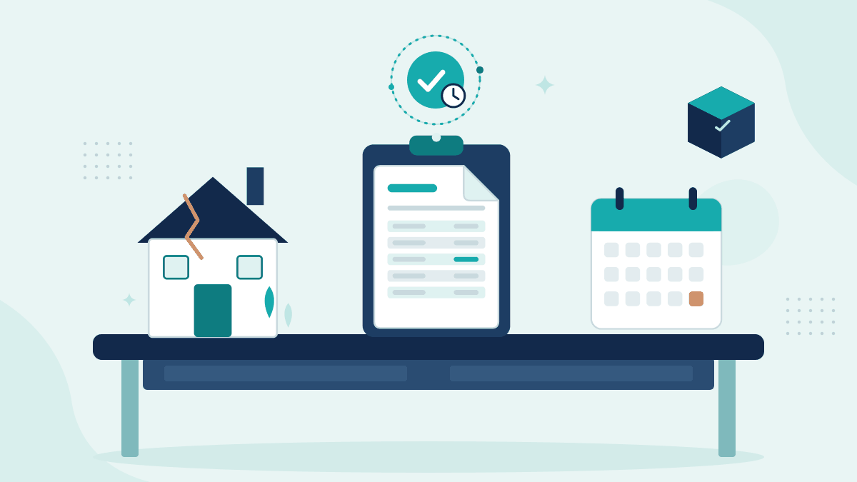 Flat illustration of a storm-damaged house, a claim form on a clipboard and a calendar with the cover date