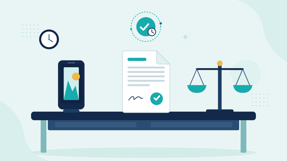 Flat illustration of a phone with claim photos, an insurance policy document and scales of justice