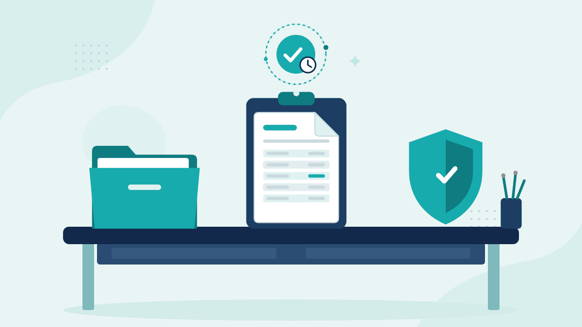Flat illustration of an audit file folder, an audit checklist on a clipboard and a compliance shield