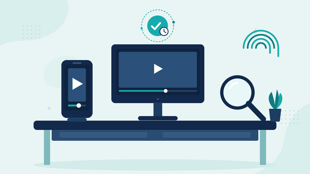 Flat illustration of a phone and a monitor playing a video clip with a magnifying glass checking it, with a timestamp badge