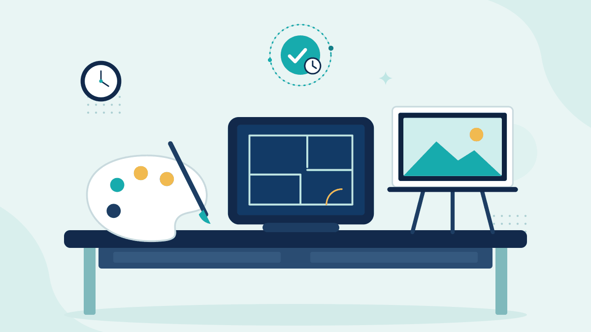 Flat illustration of a design palette, a tablet showing concept drawings and an artwork on an easel, with a timestamp badge
