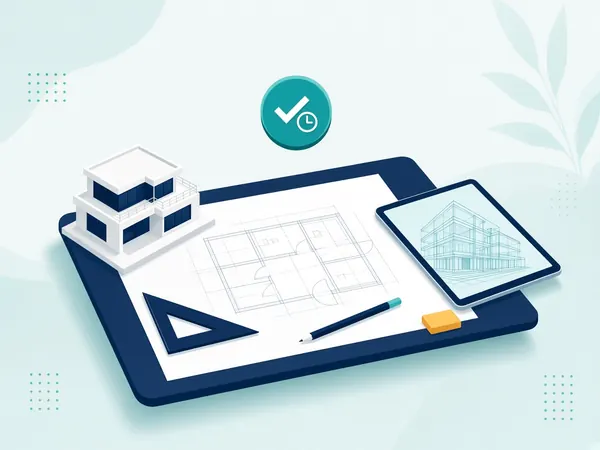 Flat illustration of an architectural floor plan, a small house model and a tablet showing a design wireframe, with a teal timestamp badge