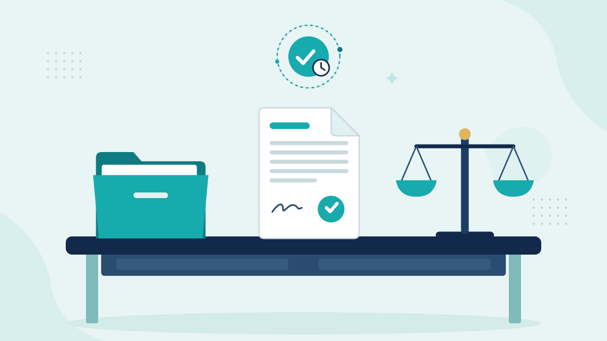 Flat illustration of a claim file folder, an insurance policy document and scales of justice, with a teal timestamp badge