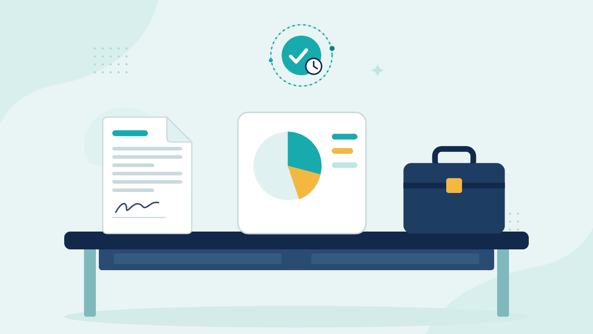 Flat illustration of a signed investment mandate, a portfolio allocation pie chart and a briefcase