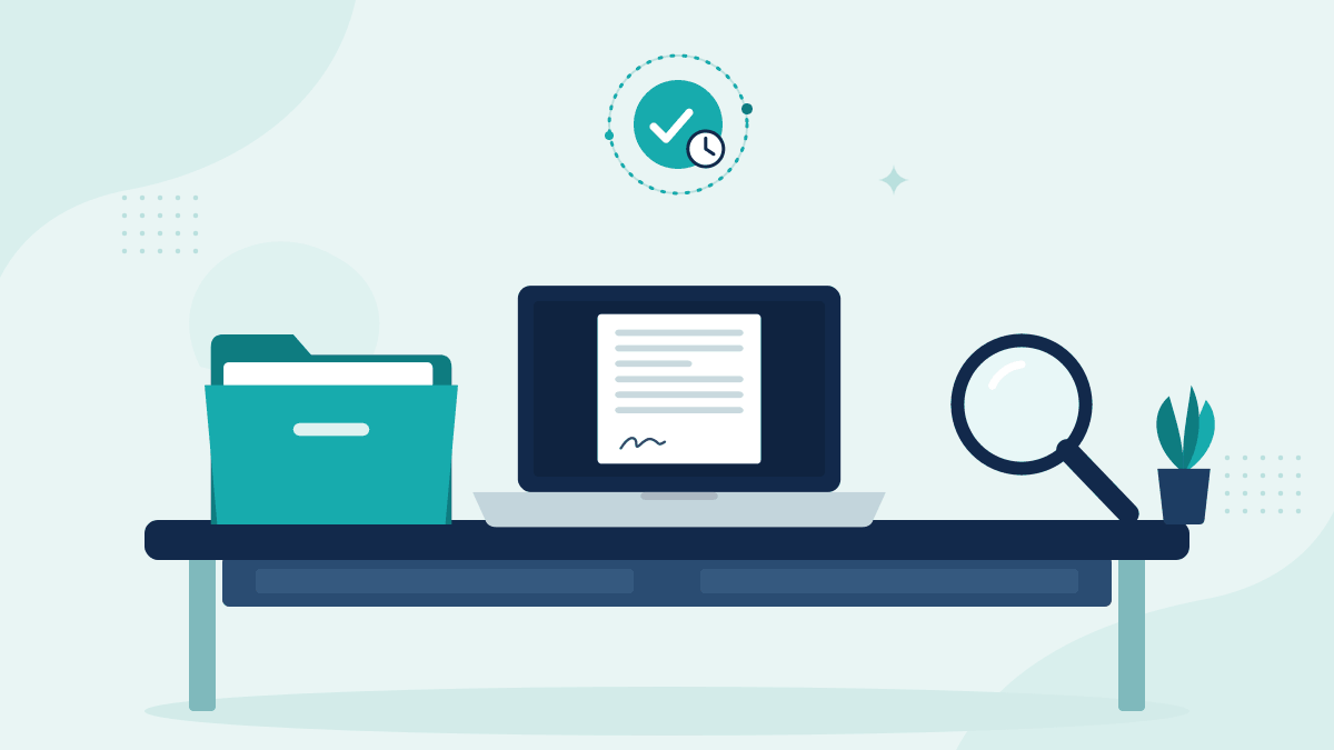 Flat illustration of a lender file folder, a laptop showing a signed loan document and a magnifying glass
