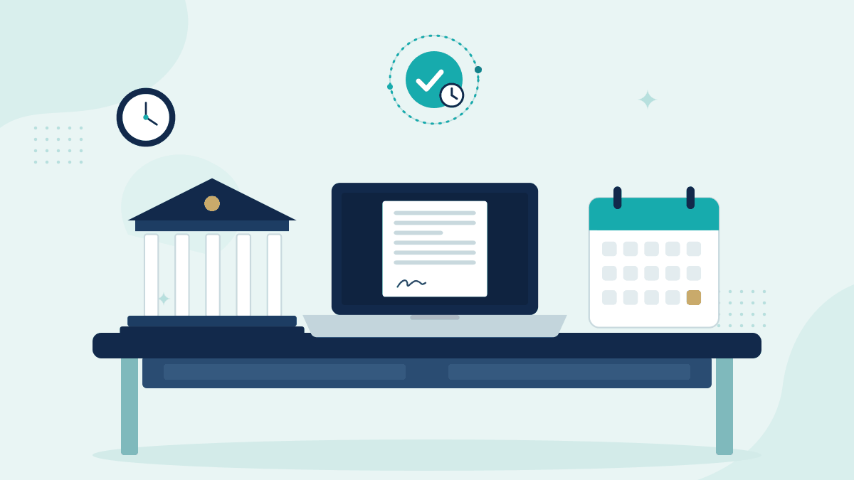 Flat illustration of a bank building, a laptop showing a signed loan document and a calendar, with a teal timestamp badge