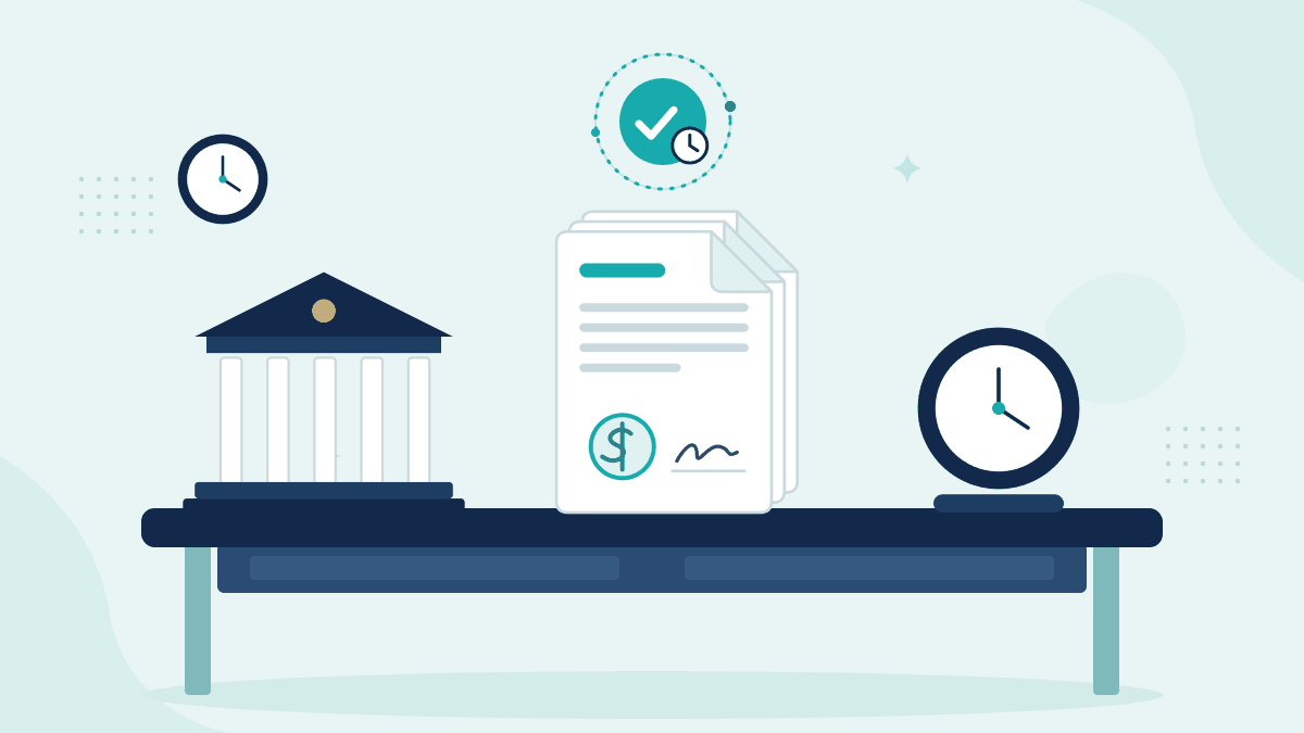 Flat illustration of a bank building, a loan approval file and a desk clock, with a teal timestamp badge