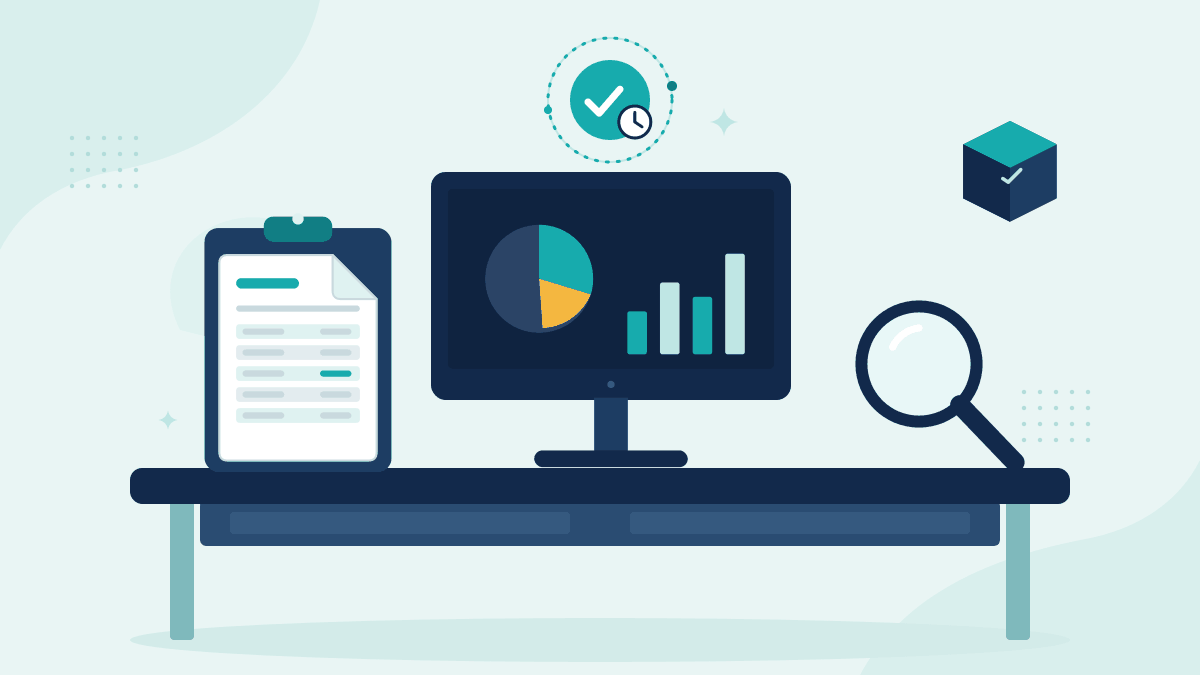 Flat illustration of a client instruction form, a monitor showing fund allocation charts and a magnifying glass