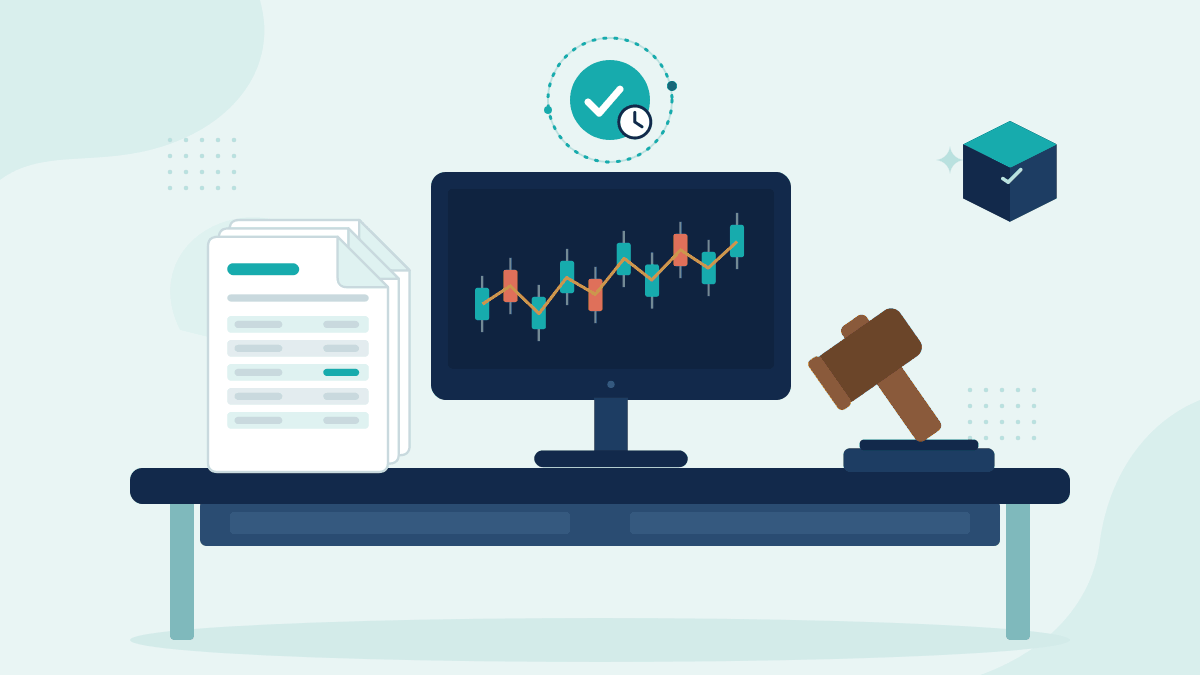 Flat illustration of a stack of trade confirmations, a trading screen with a candlestick chart and a gavel