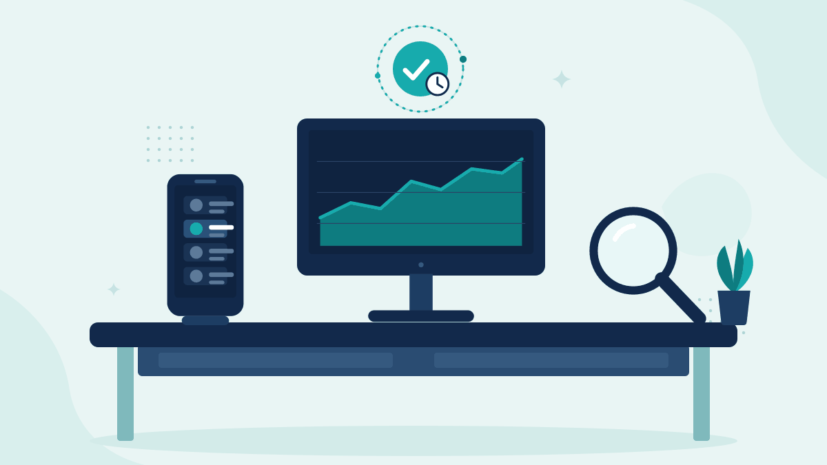 Flat illustration of a phone with a client order email, a monitor showing a market price chart and a magnifying glass
