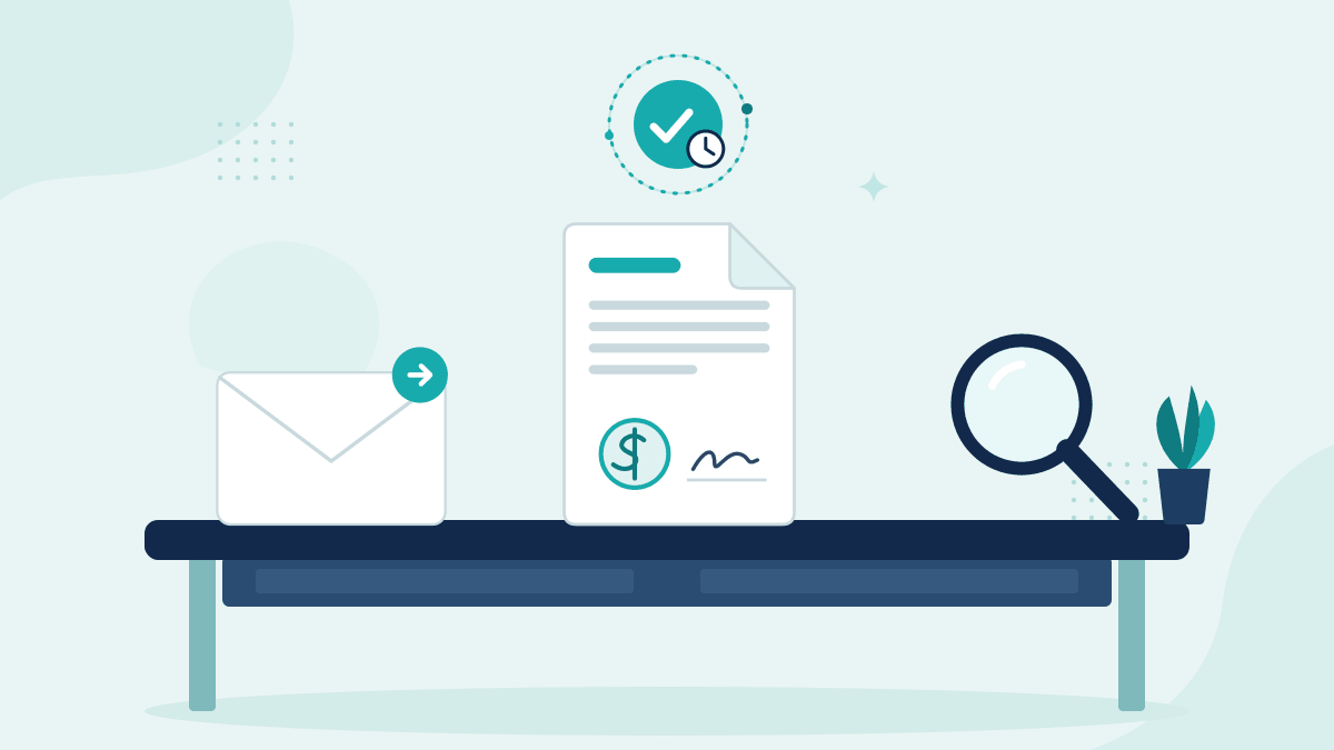 Flat illustration of an email with an amendment, a signed loan agreement and a magnifying glass, with a teal timestamp badge