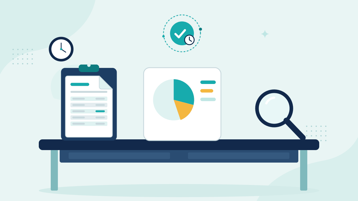 Flat illustration of a client instruction form, a portfolio allocation pie chart and a magnifying glass