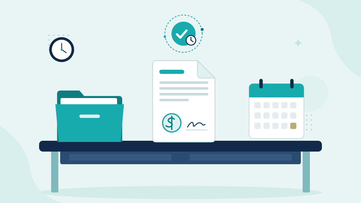 Flat illustration of a lender file folder, a signed loan agreement and a calendar, with a teal timestamp badge