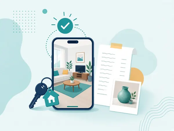 Flat illustration of a phone showing a rental room photo, a receipt, a house key and a photo of a vase, with a teal timestamp badge